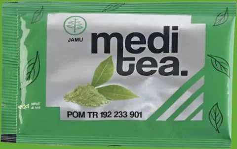 Sachet MediTea pada latar hijau
